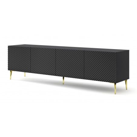 Meuble TV Ravenna avec 4 portes en bois et pieds dorés - Noir brillant - L 200 x P 42 x H 56 cm