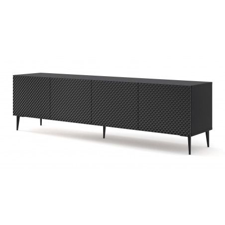 Meuble TV Ravenna avec 4 portes en bois et pieds noirs - Noir brillant - L 200 x P 42 x H 56 cm