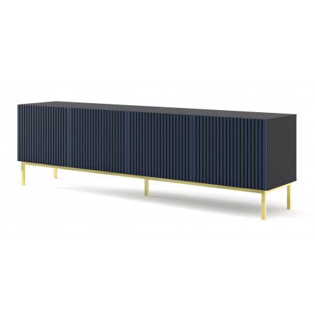 Meuble TV Ravenna avec 4 portes en bois avec cadre doré - Noir et Bleu - L 200 x P 42 x H 58 cm