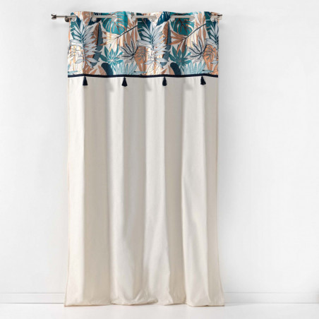 Rideau à 8 oeillets uni et à motif végétal avec pompons - Coton - Blanc - 140 x 240 cm