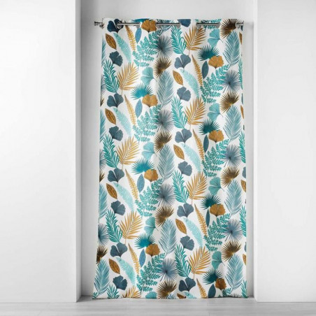 Rideau à 8 oeillets 100% coton motif végétal - Blanc et Bleu - 140 x 240 cm