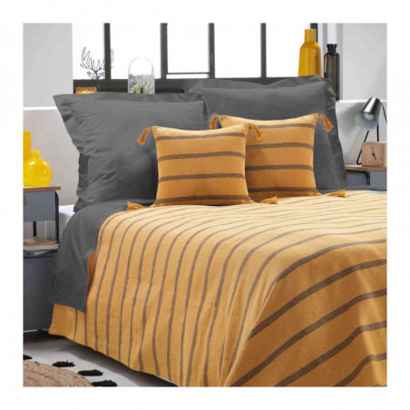 Couvre lit en coton avec rayures - Jaune et Gris - 230 x 250 cm
