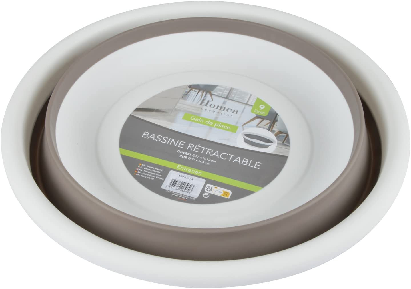 Bassine rétractable en plastique et silicone - 9L - Blanc et taupe - D 37 x  H 13 cm