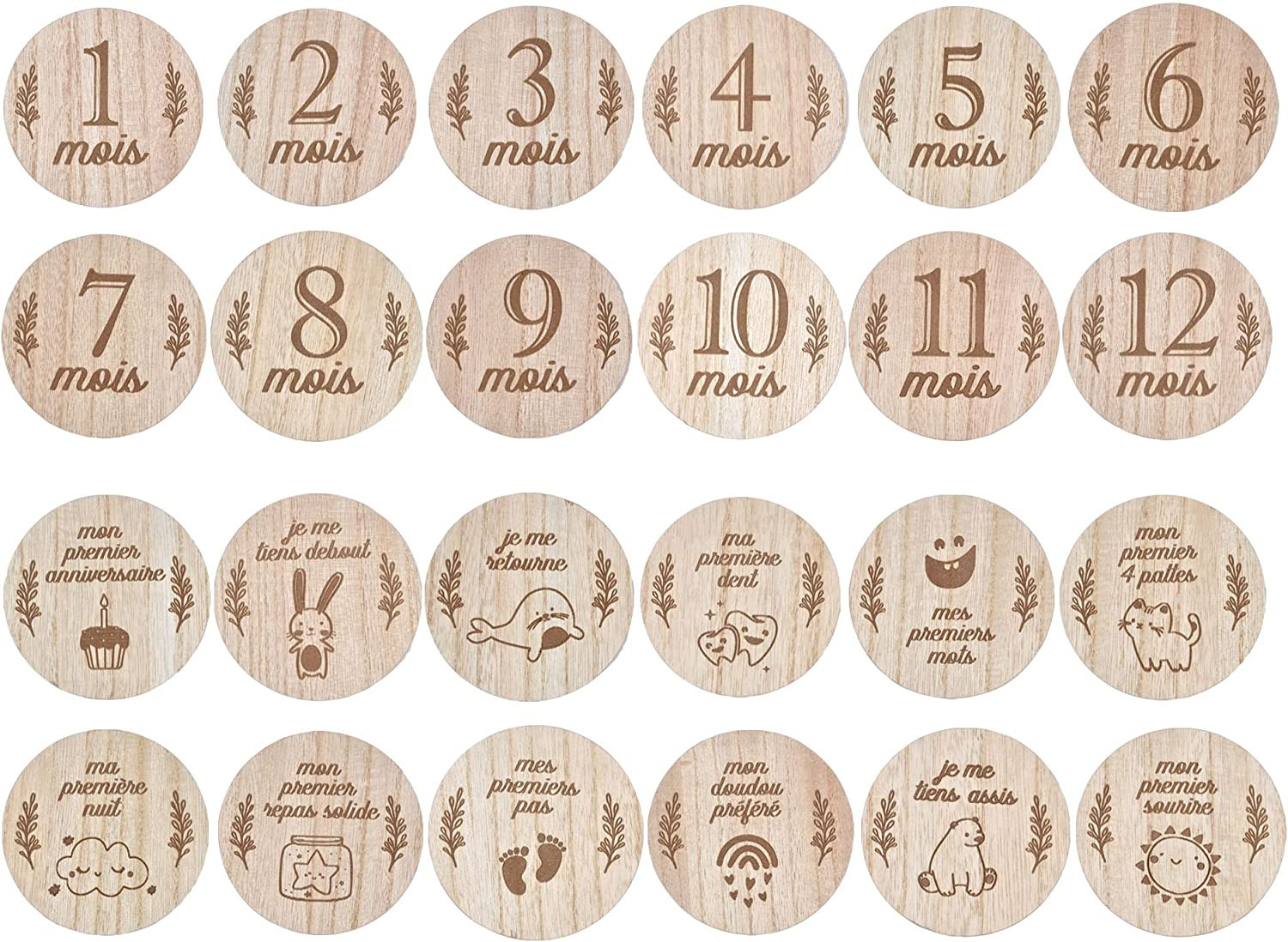 Kit de 12 cartes étapes pour bébé en bois - Mois par mois et recto verso -  D 9 cm