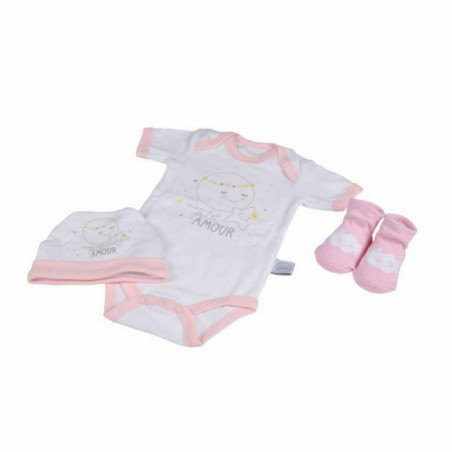 Lot body + bonnet + chaussettes 100% coton pour bébés - Naissance - Blanc et rose