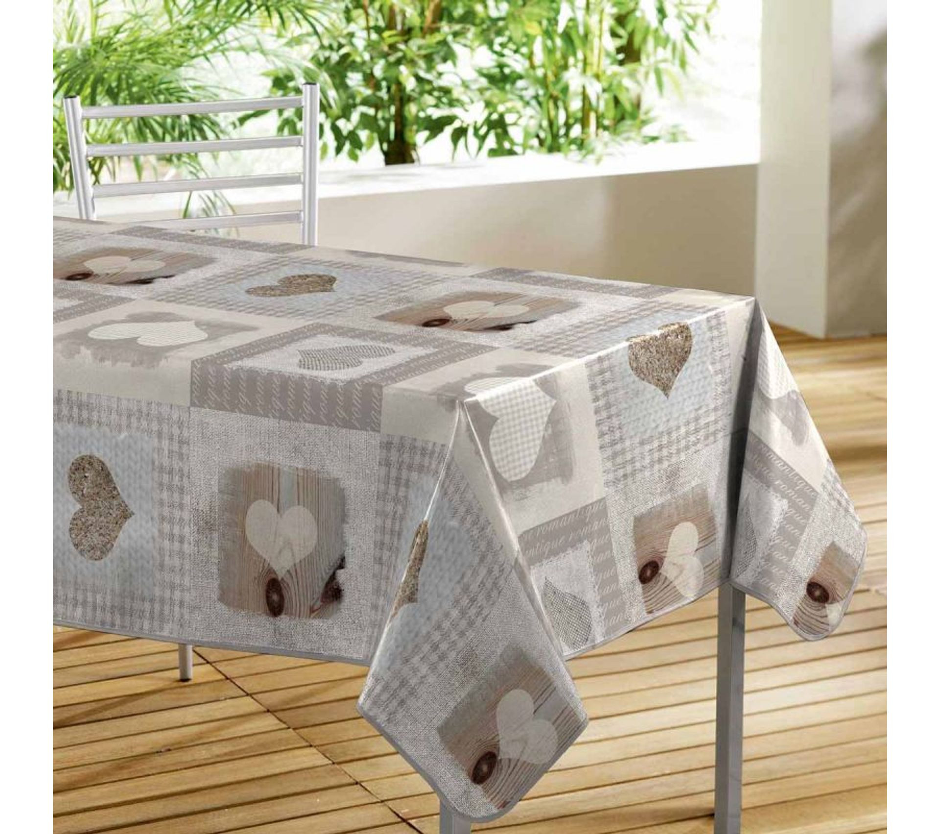 Nappe rectangulaire en toile cirée avec motif coeur - Beige - 140 x 300 cm