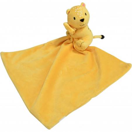 Peluche doudou léopard avec son plaid en tissu tout doux - Jaune - 33 x 33 cm - Gamme Savane