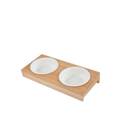 Double gamelles en céramique avec support en bambou - Blanc et beige - D 12 x L 29,5 x l 14 cm