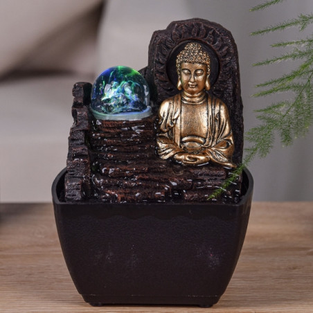 Fontaine Bouddha Teravada avec LED - Marron et doré - H 18 cm