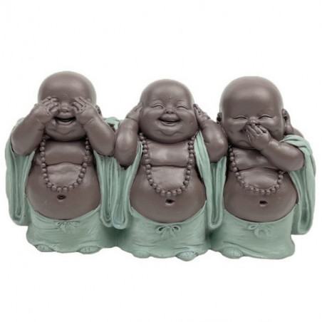 Statue en polyrésine 3 bébés Bouddha en position mythique - Marron et Vert - L 15,5 x l 5 x H 9 cm