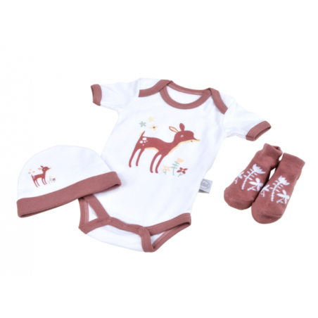 Lot body + bonnet + chaussettes à motif faon 100% coton pour bébés - Naissance - Blanc et rose - Gamme Forêt Magique