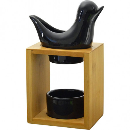 Brûle parfum en forme d'oiseau en céramique et structure en bois - Noir et Beige - 55 ml