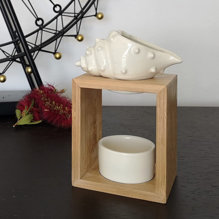 Brûle parfum en forme de coquillage en céramique et structure en bois de bambou - Blanc et Beige - 55 ml