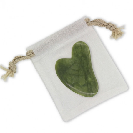 Guasha en pierre de jade pour le soin du visage avec housse - Vert - L 8 cm