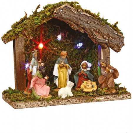Créche de Noël avec 7 santons et LED - Multicolore - H 13,5 x L 18 cm