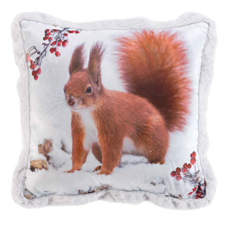 Coussin avec imprimé ecureuil en velours et imitation fourrure - Blanc - 40 x 40 cm