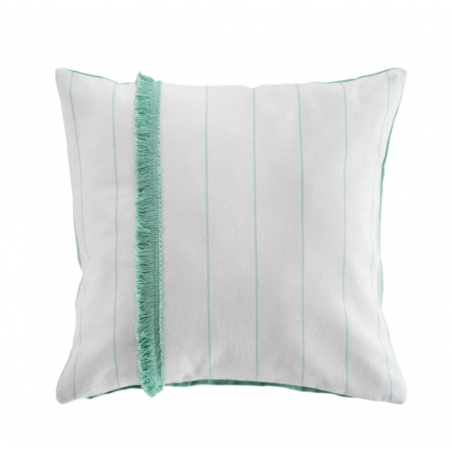 Coussin déhoussable en coton tissé à rayures avec frange Alizee - Blanc et Vert menthe - 40 x 40 cm