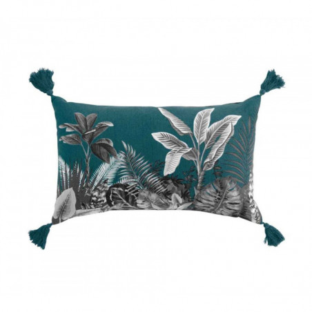 Coussin déhoussable en coton avec pompons et imprimé végétal Isibelle - Bleu - 30 x 50 cm