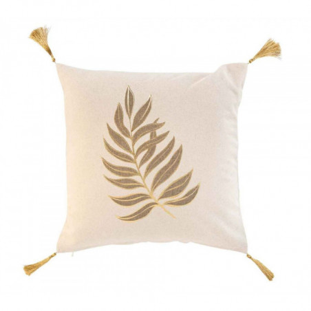 Coussin déhoussable en coton avec pompons et imprimé feuille métallisée Lorior - Beige et Doré - 40 x 40 cm