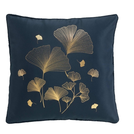 Coussin déhoussable en tissu avec motif feuilles de ginkgo Bloomy - Bleu et Doré- 40 x 40 cm