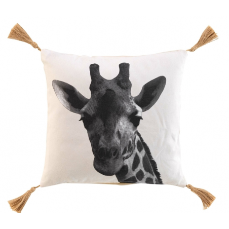 Coussin déhoussable en coton avec pompons et imprimé tête de girafe Columba - Beige - 40 x 40 cm