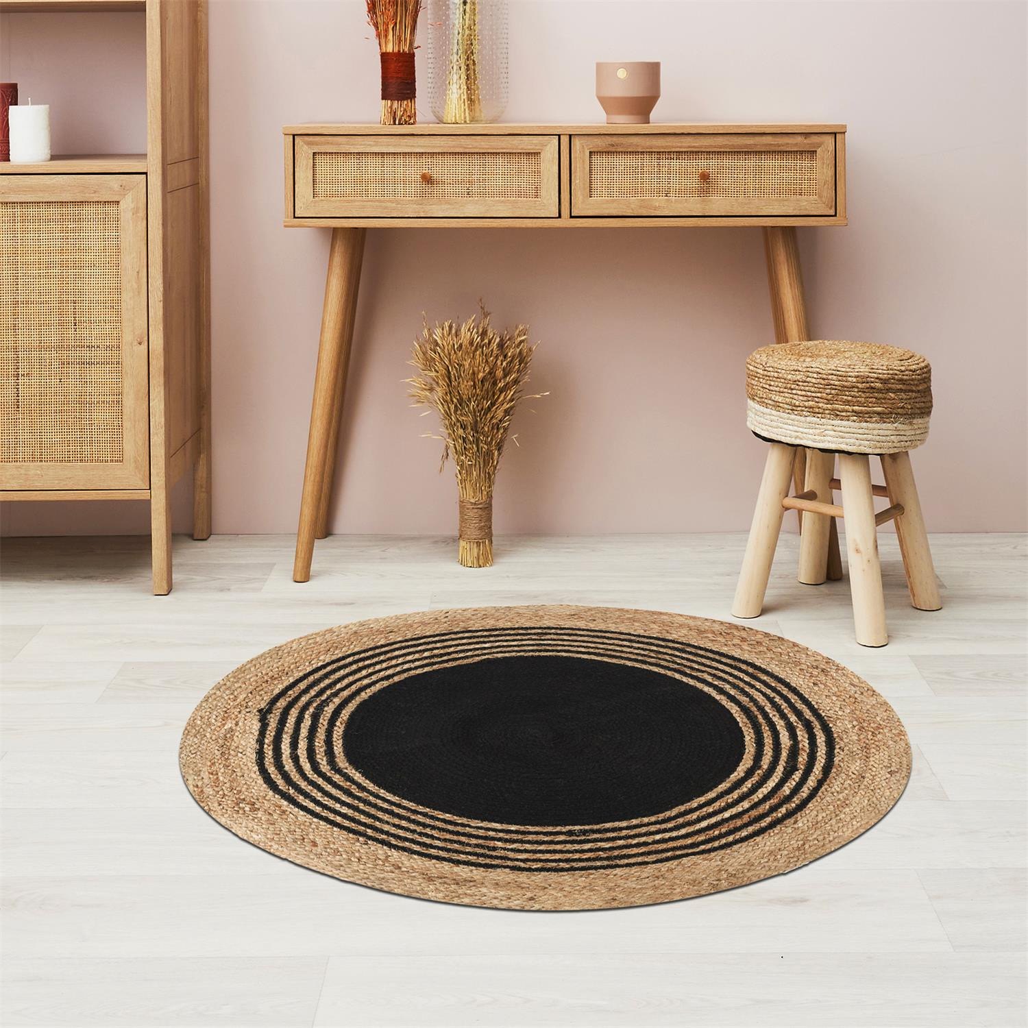 Tapis rond en Jute Nude - Imprimé Noir - Diamètre 90 cm