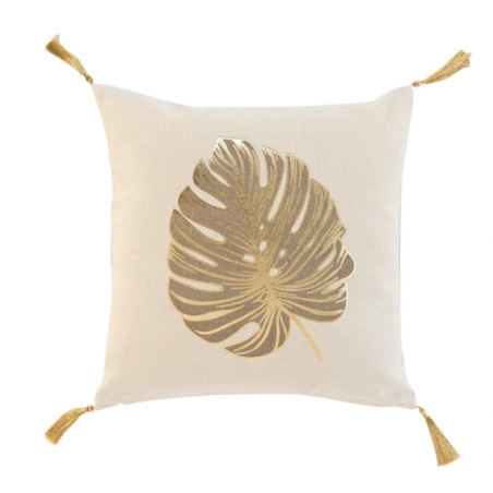 Coussin déhoussable en coton à pompons avec imprimé feuille tropicale Mogador - Beige et Doré - 40 x 40 cm