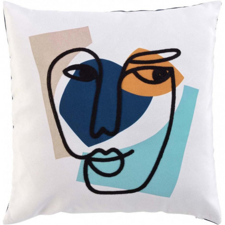 Coussin déhoussable avec motifs de visage abstrait - Bleu - 45 x 45 cm