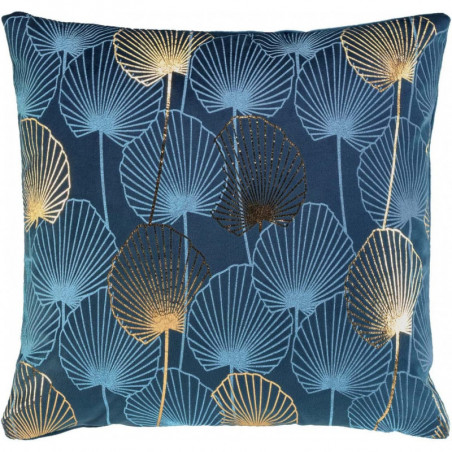 Coussin déhoussable avec motifs feuilles "Clairines" en velours - Bleu - 40 x 40 cm