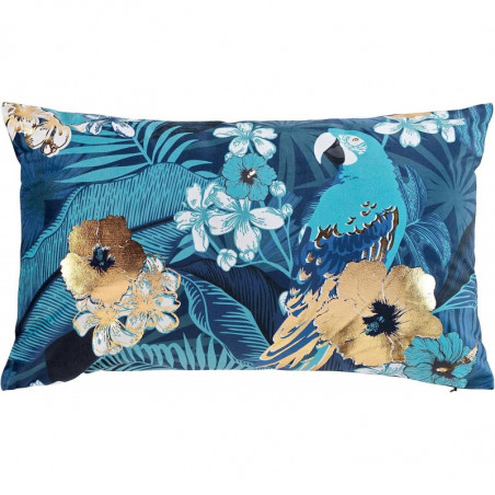 Coussin déhoussable en velours et imprimé perroquet métallisé Danika - Bleu - 30 x 50 cm