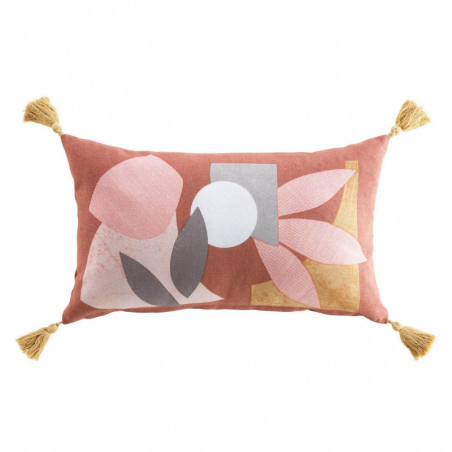 Coussin déhoussable en coton imprimé nature avec pompons - Multicolore - 30 x 50 cm