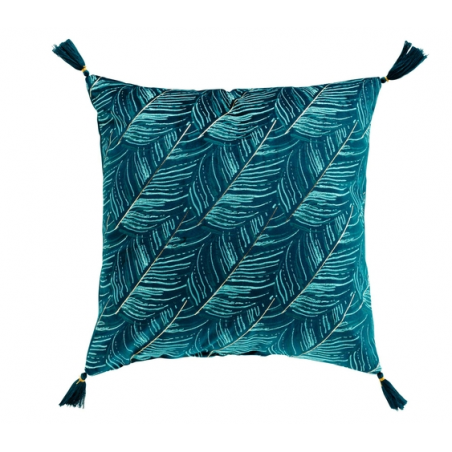 Coussin déhoussable en velours avec pompons et motif feuille de palmier Palmina - Bleu - 40 x 40 cm