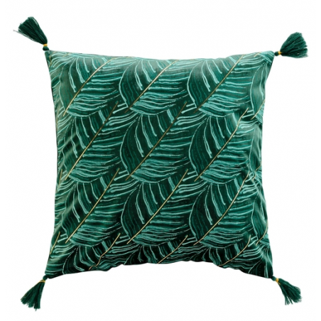Coussin déhoussable en velours avec pompons et motif feuille de palmier Palmina - Vert - 40 x 40 cm