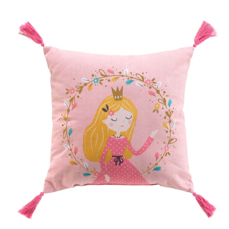 Coussin déhoussable en coton à pompons avec motif fantastique Princesse Licorne - Rose - 40 x 40 cm