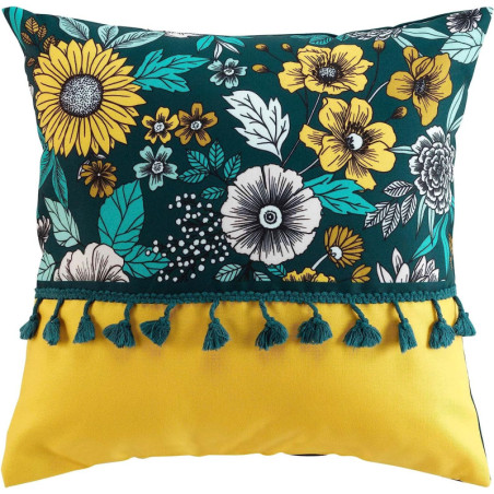 Coussin "Bohoflora" avec imprimé champêtre + pompons - Vert - 40 x 40 cm