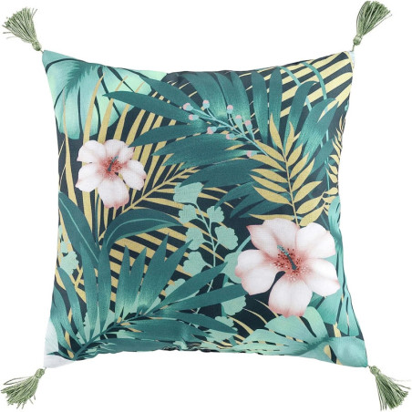 Coussin non déhoussable "Kelly" avec pompons et végétaux imprimés - Vert - 40 x 40 cm