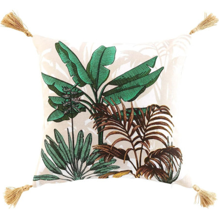 Coussin déhoussable "Balinesia" en coton à motifs végétaux + pompons - Multicolore - 40 x 40 cm