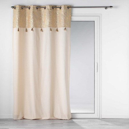 Rideau à 8 oeillets en polycoton "Solea" à finition métallisée et pompons - Beige - 140 x 240 cm