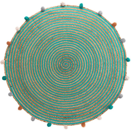 Tapis rond d'intérieur à pompoms "Baloo" - Bleu/Marron - D 90 cm