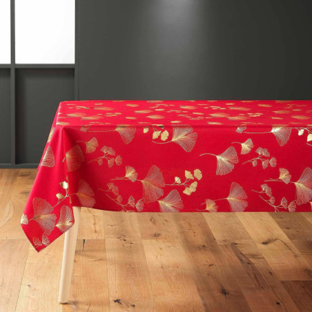 Nappe rectangle "Bloomy" à imprimé végétal métallisé - Rouge/or - 150 x 240 cm