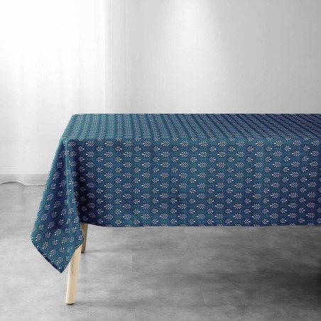 Nappe rectangle imprimé feuilles "Manuela" - Bleu - 145 x 240 cm