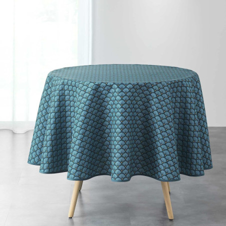 Nappe ronde "Artchic" à imprimé petits éventails - Bleu - D 180 cm