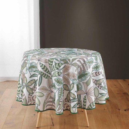 Nappe de table ronde imprimé feuillages "Beautaline" - Blanc/Vert - D 180 cm