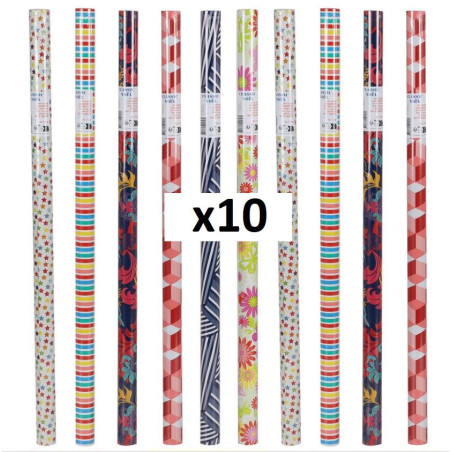 Lot de 10 papiers cadeaux décorés - Multicolore - L 200 x l 70 cm - Modèles aléatoires