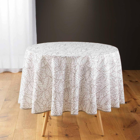 Nappe de table ronde à motif végétal "Solea" - Blanc/Marron - D 180 cm