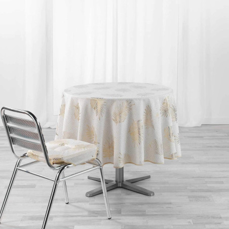 Nappe de table ronde à motif feuilles métallisé "Sunny Gold" - Blanc/Doré - D 180 cm