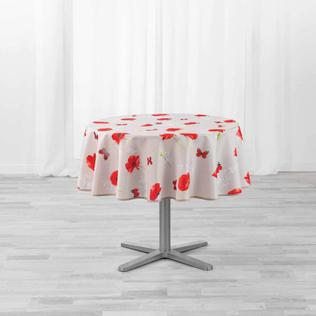 Nappe de table ronde à motif florale "Sweet poppy" - Beige/Rouge - D 180 cm