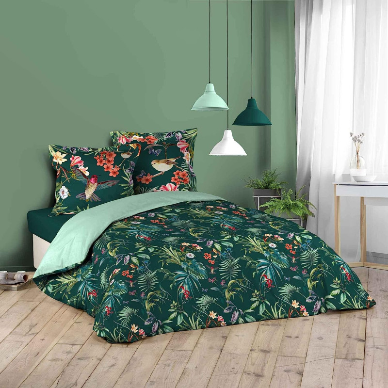 Parure de lit 3 Pièces en coton à imprimé petites fleurs et oiseaux Féerie - Vert - 240 x 220 cm
