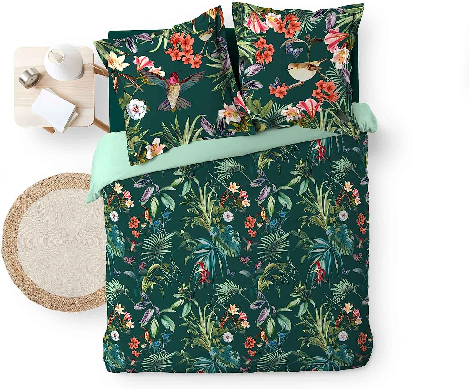 TODAY Parure De Lit Double Flanelle Coton Imprimé Floral Vert - Housse 240x220 Cm + 2 Taies 63x63 Cm, Douceur Et Chaleur Pour Vos Nuits D'Hiver !