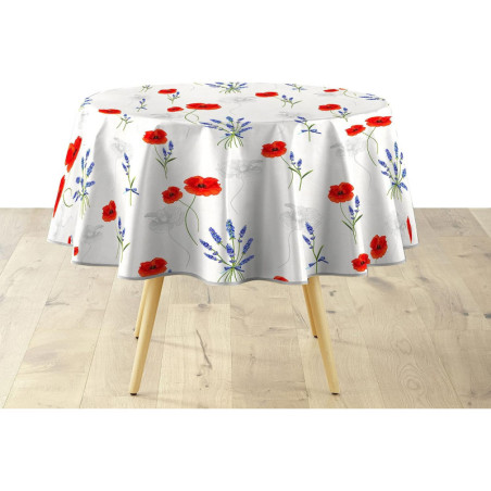 Nappe ronde en PVC imprimé coquelicots "Sisteron" - Blanc - D 160 cm